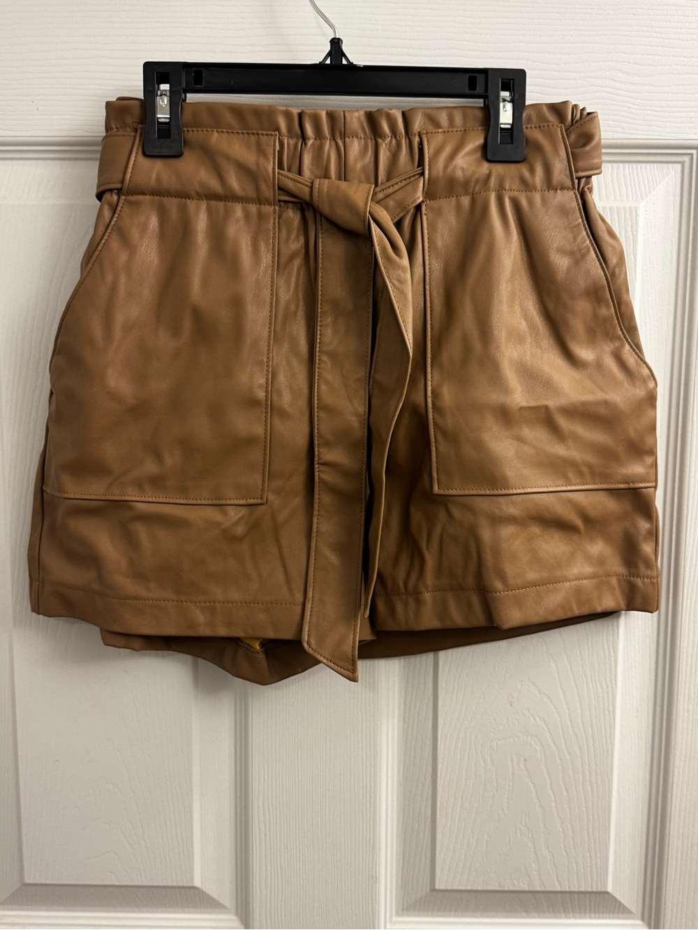 Ci Sono Faux Leather High-Waist Belted Shorts in Camel Brown - Picture 2 of 7